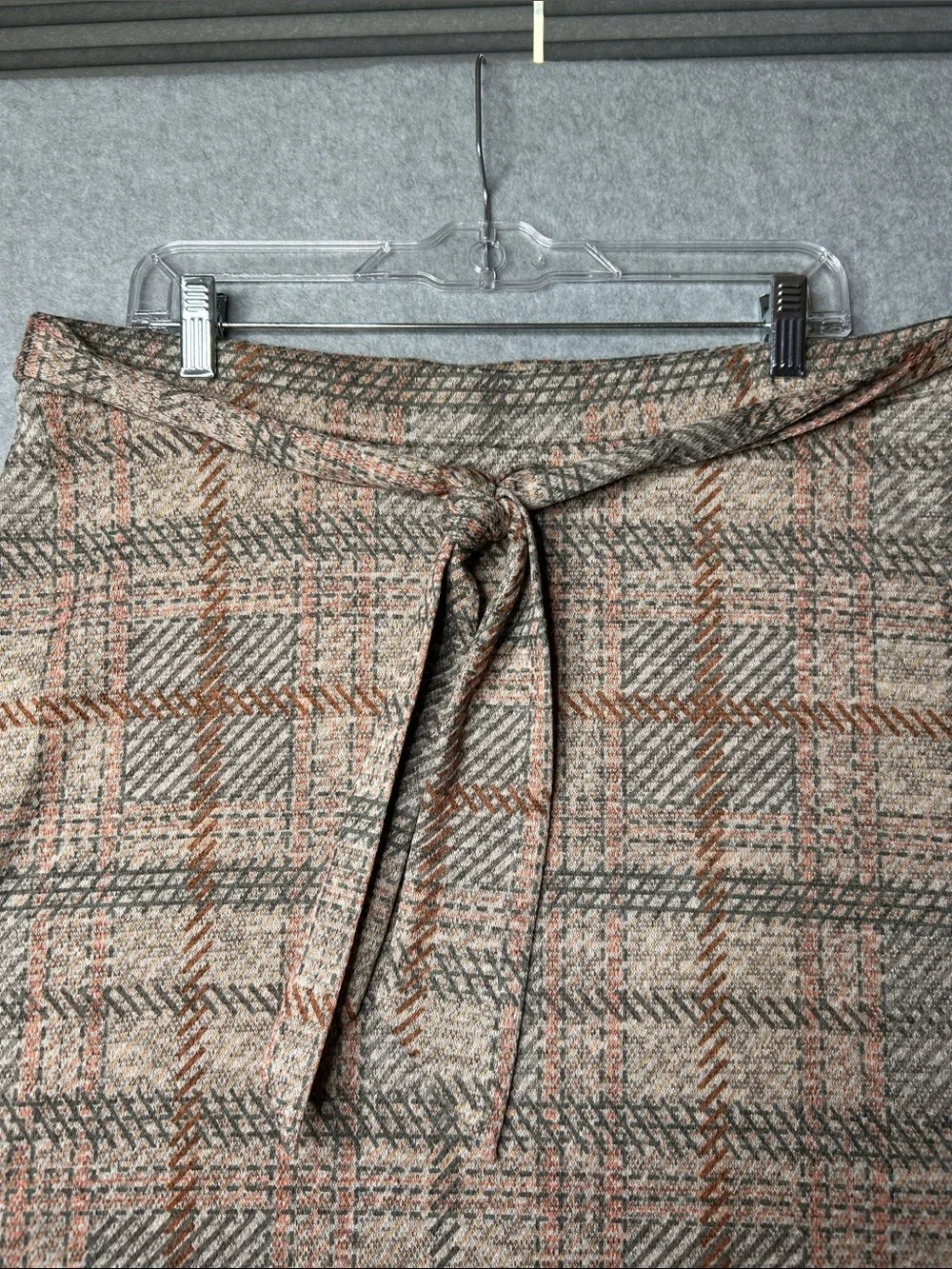 Plaid A-Line Midi Skirt with Self-Tie Waist - Beige‎ Rust Gray